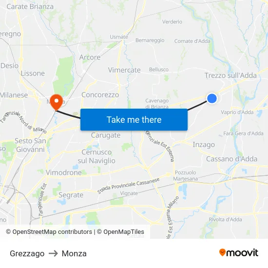 Grezzago to Monza map
