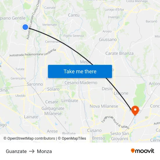 Guanzate to Monza map