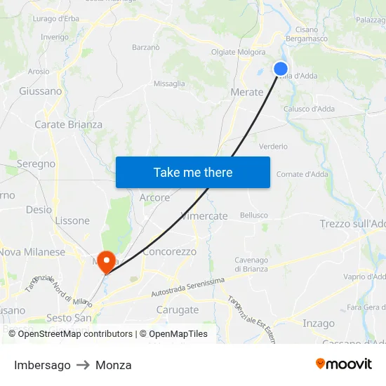 Imbersago to Monza map