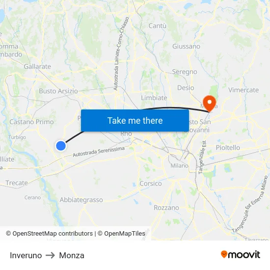Inveruno to Monza map