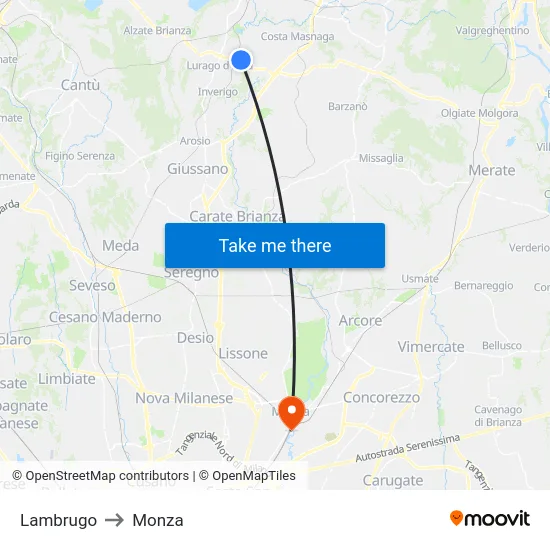 Lambrugo to Monza map