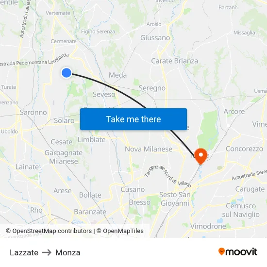 Lazzate to Monza map