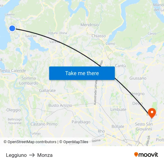 Leggiuno to Monza map