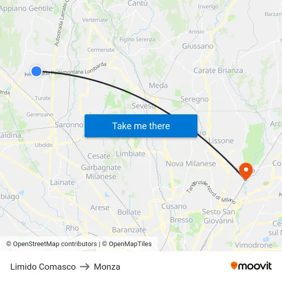 Limido Comasco to Monza map