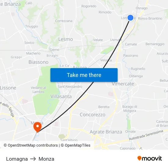 Lomagna to Monza map