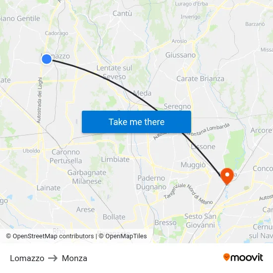 Lomazzo to Monza map