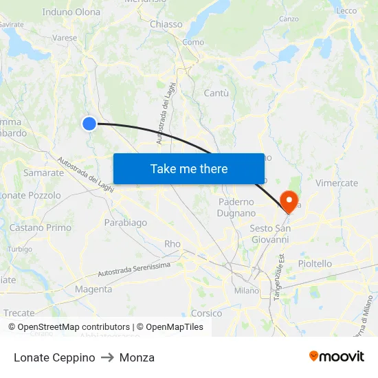 Lonate Ceppino to Monza map