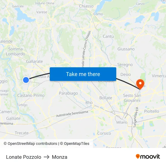 Lonate Pozzolo to Monza map