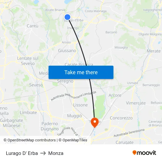 Lurago d'Erba to Monza map