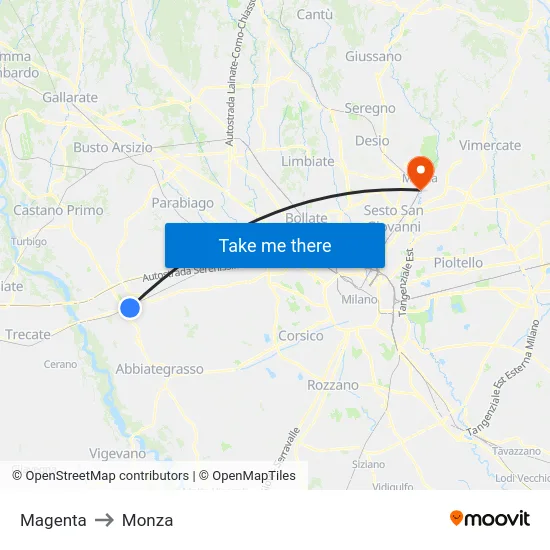 Magenta to Monza map