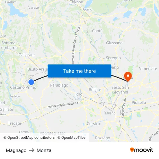 Magnago to Monza map