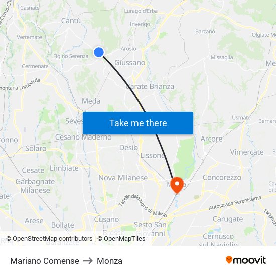 Mariano Comense to Monza map