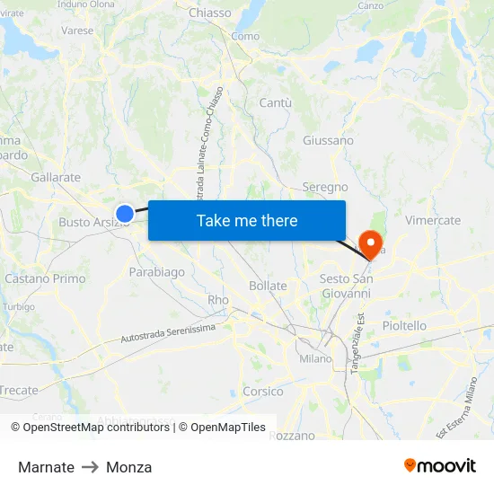 Marnate to Monza map