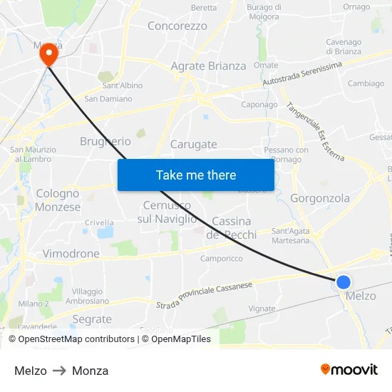 Melzo to Monza map