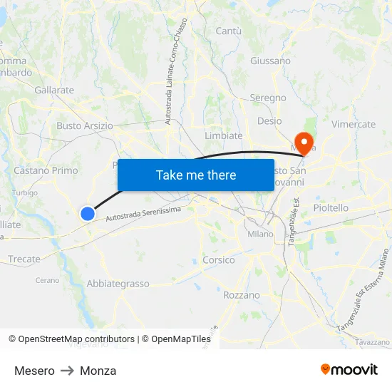 Mesero to Monza map