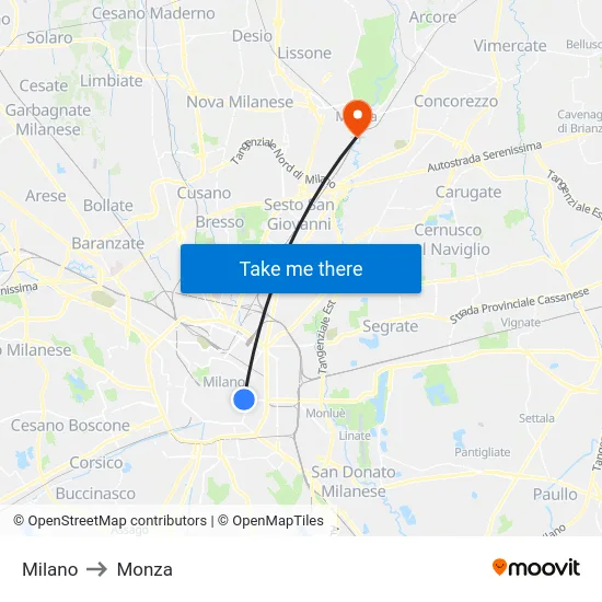 Milano to Monza map