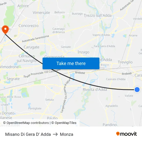 Misano di Gera d'Adda to Monza map