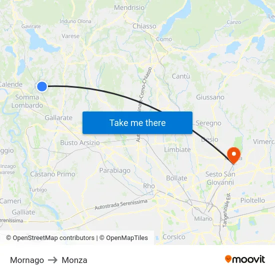 Mornago to Monza map