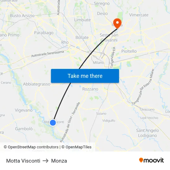 Motta Visconti to Monza map