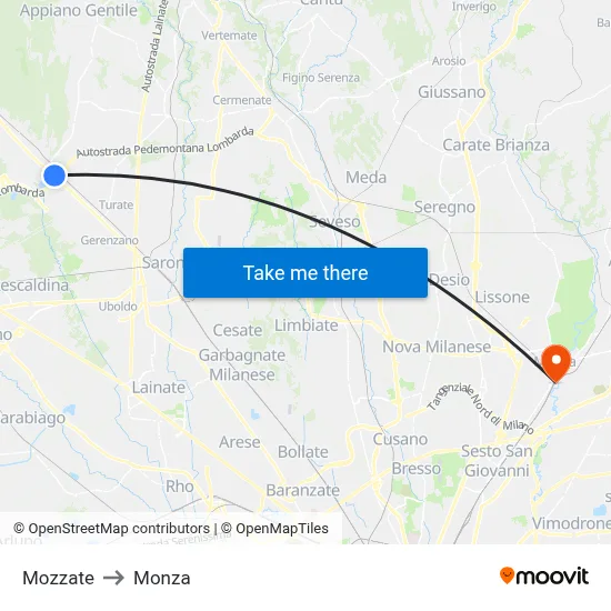 Mozzate to Monza map
