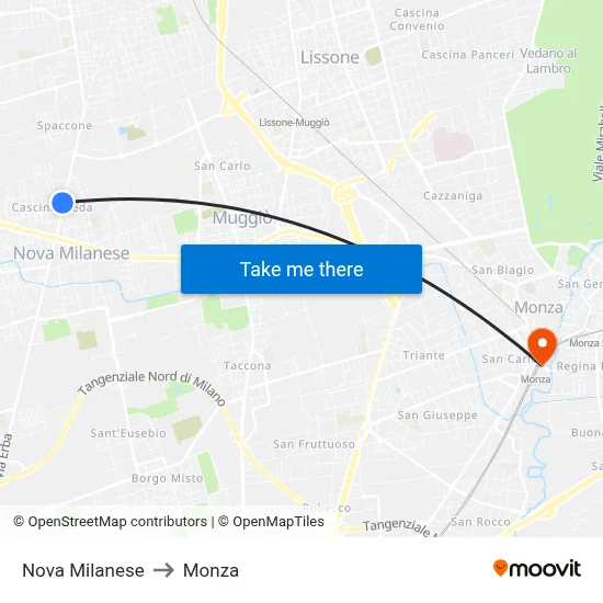 Nova Milanese to Monza map