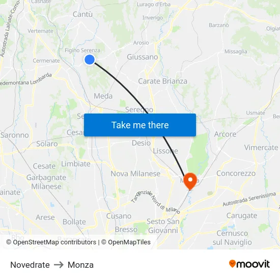 Novedrate to Monza map