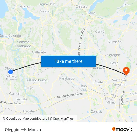 Oleggio to Monza map