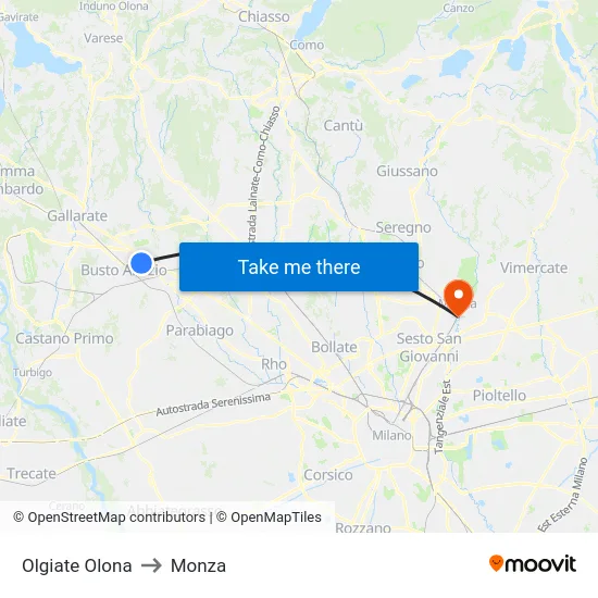 Olgiate Olona to Monza map