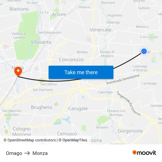 Ornago to Monza map