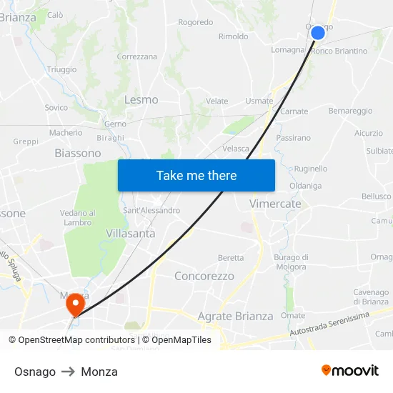 Osnago to Monza map