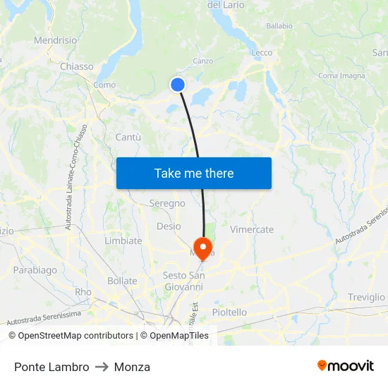 Ponte Lambro to Monza map
