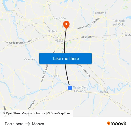 Portalbera to Monza map