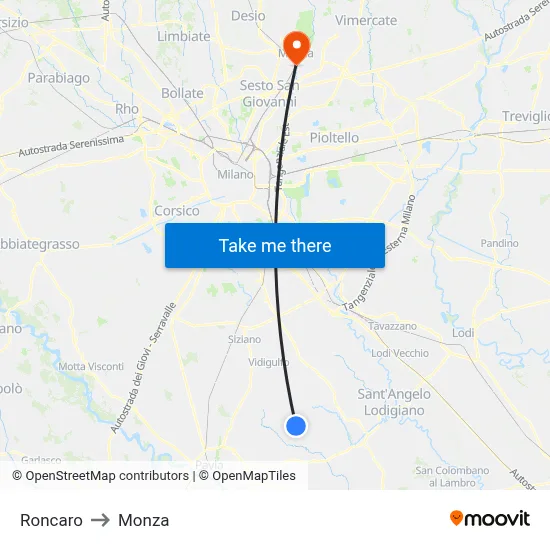 Roncaro to Monza map