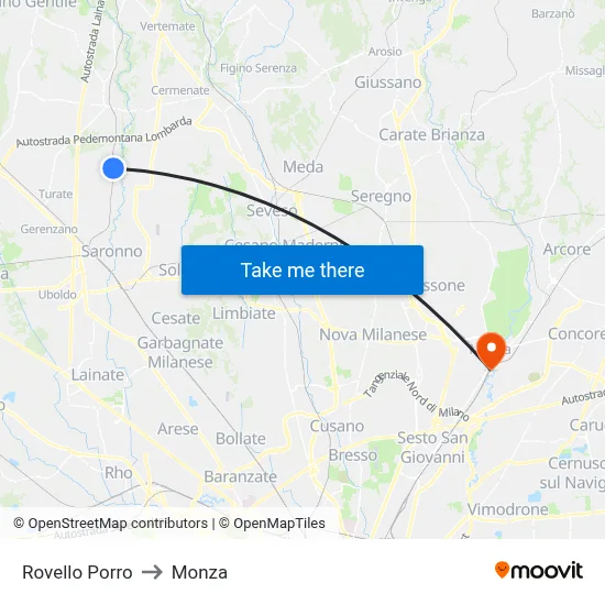 Rovello Porro to Monza map