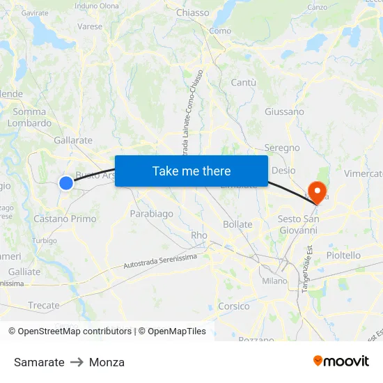 Samarate to Monza map