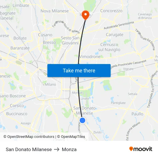 San Donato Milanese to Monza map