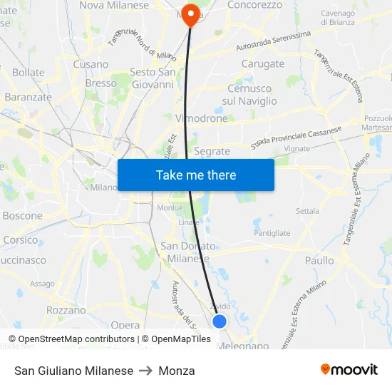 San Giuliano Milanese to Monza map