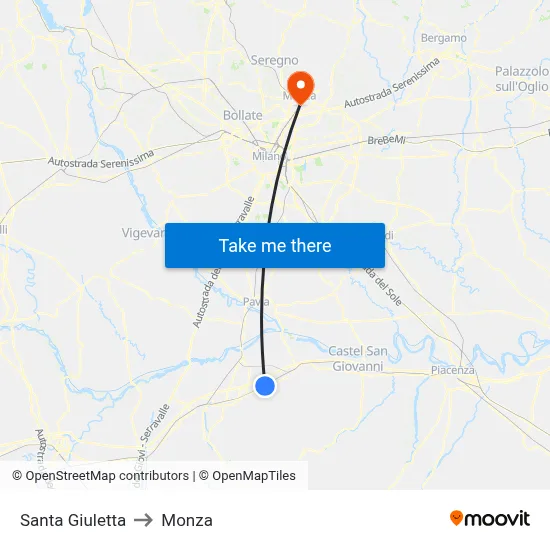 Santa Giuletta to Monza map