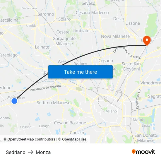 Sedriano to Monza map