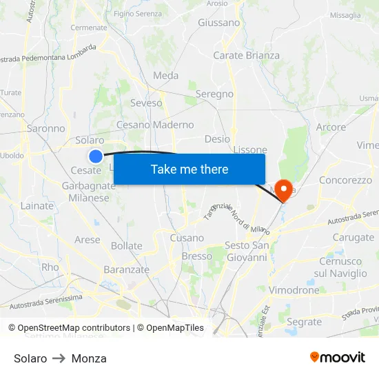 Solaro to Monza map