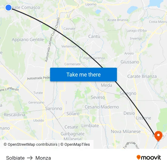 Solbiate to Monza map