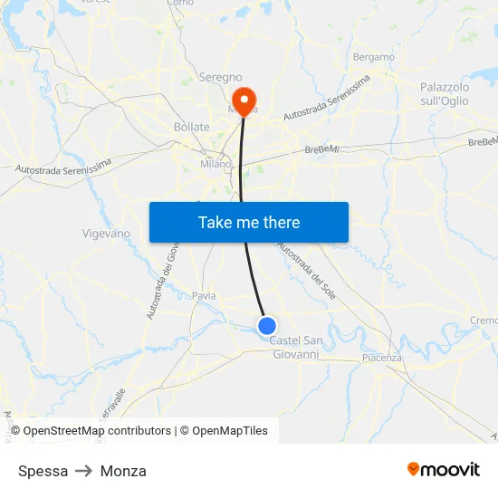Spessa to Monza map