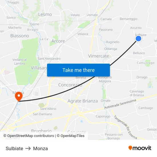 Sulbiate to Monza map
