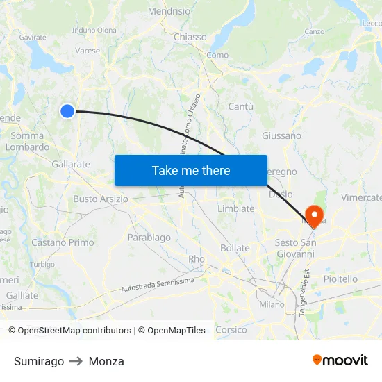Sumirago to Monza map