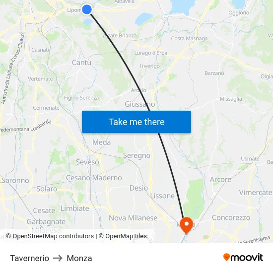 Tavernerio to Monza map
