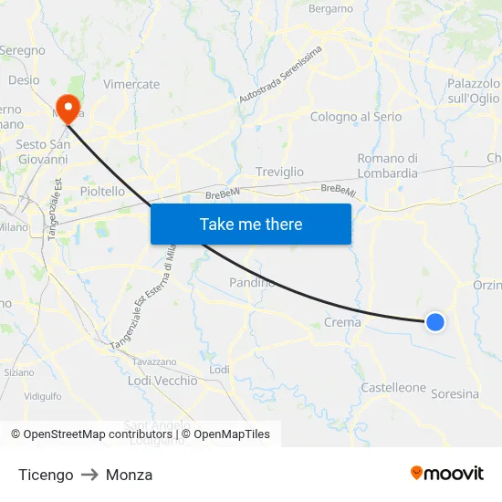Ticengo to Monza map