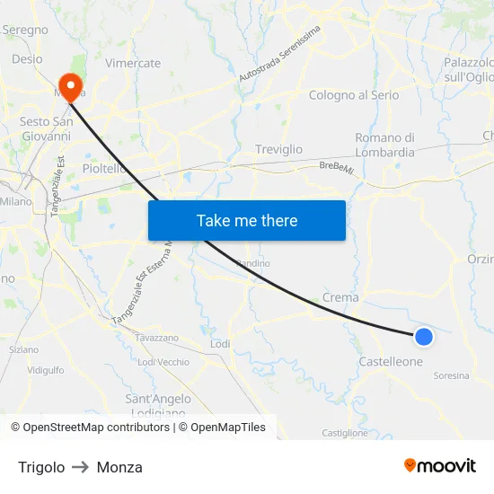 Trigolo to Monza map