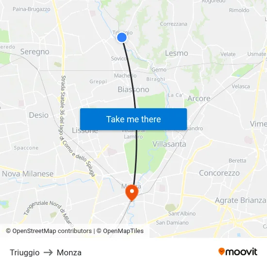 Triuggio to Monza map
