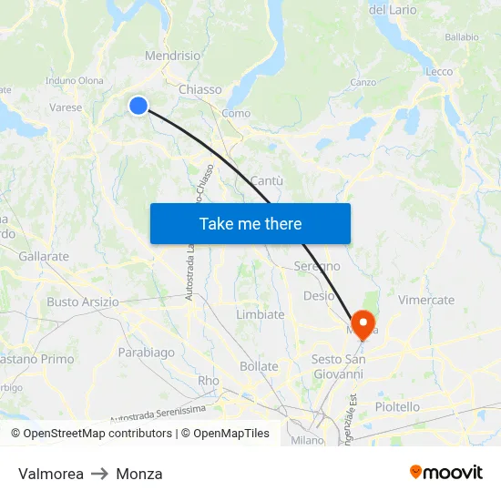 Valmorea to Monza map