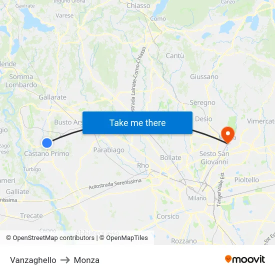 Vanzaghello to Monza map